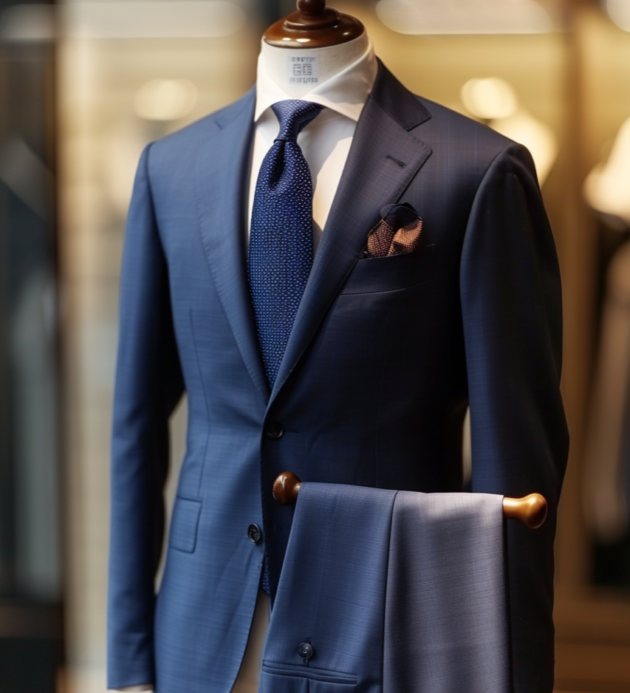 Elegantní modrý oblek vystavený na figuríně s bílou košilí a modrou kravatou s jemným vzorem, doplněný kapesníčkem v náprsní kapse. Profesionální prezentace pánské módy v obchodě.