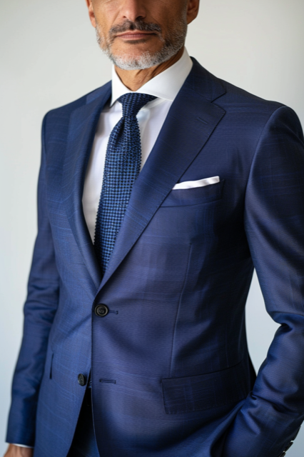 Muž v elegantním modrém obleku s bílou košilí a modrou vzorovanou kravatou, s kapesníčkem v náprsní kapse. Detailní záběr na horní část těla, zvýrazňující profesionální a sofistikovaný vzhled.